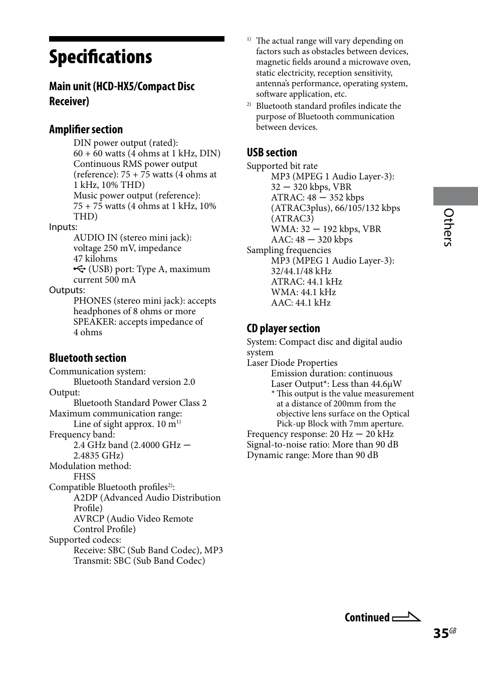 Specifications, Others, Continued | Sony CMT-HX5BT User Manual | Page 35 / 40