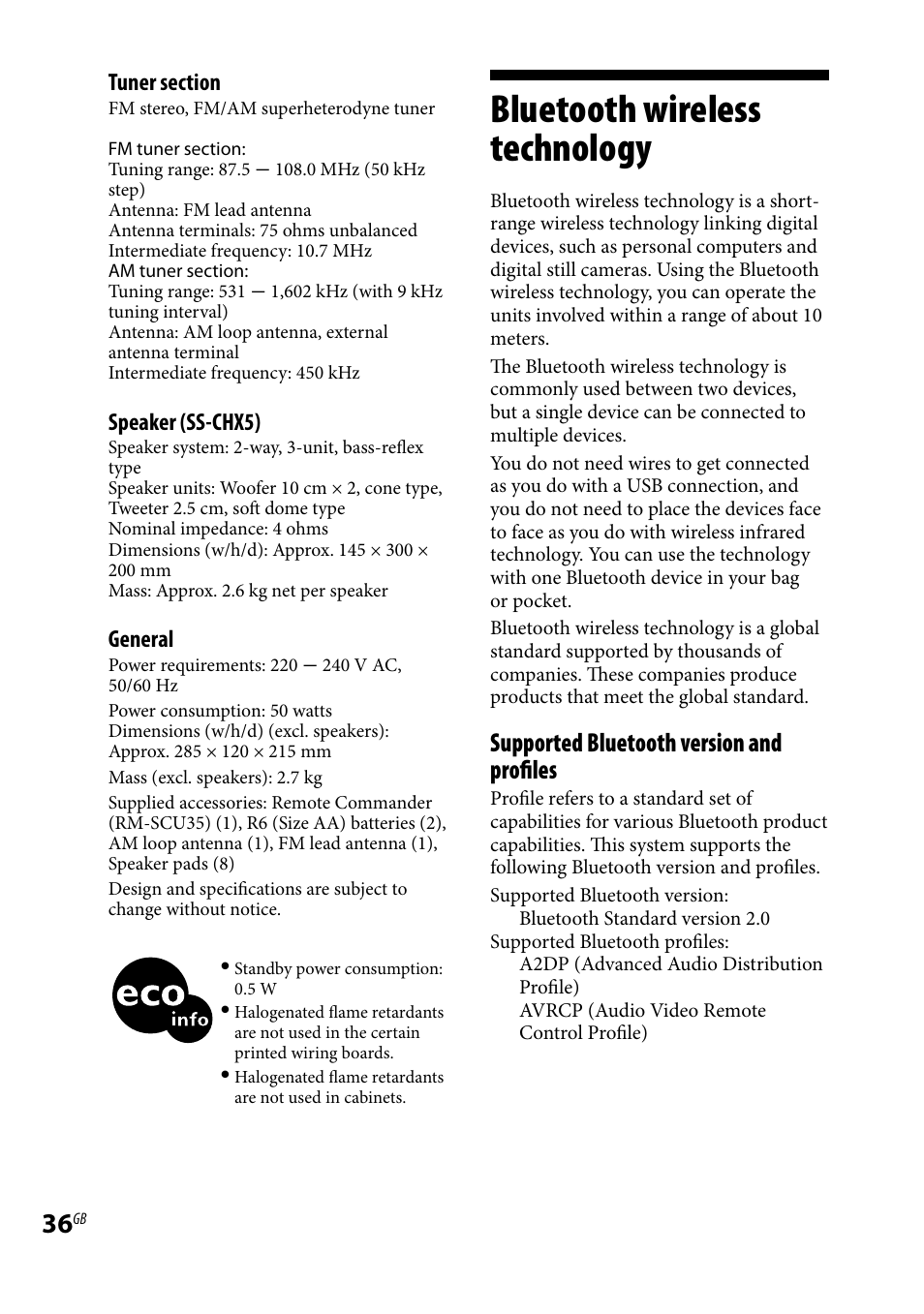 Bluetooth wireless technology, Supported bluetooth version and profiles | Sony CMT-HX5BT User Manual | Page 36 / 40