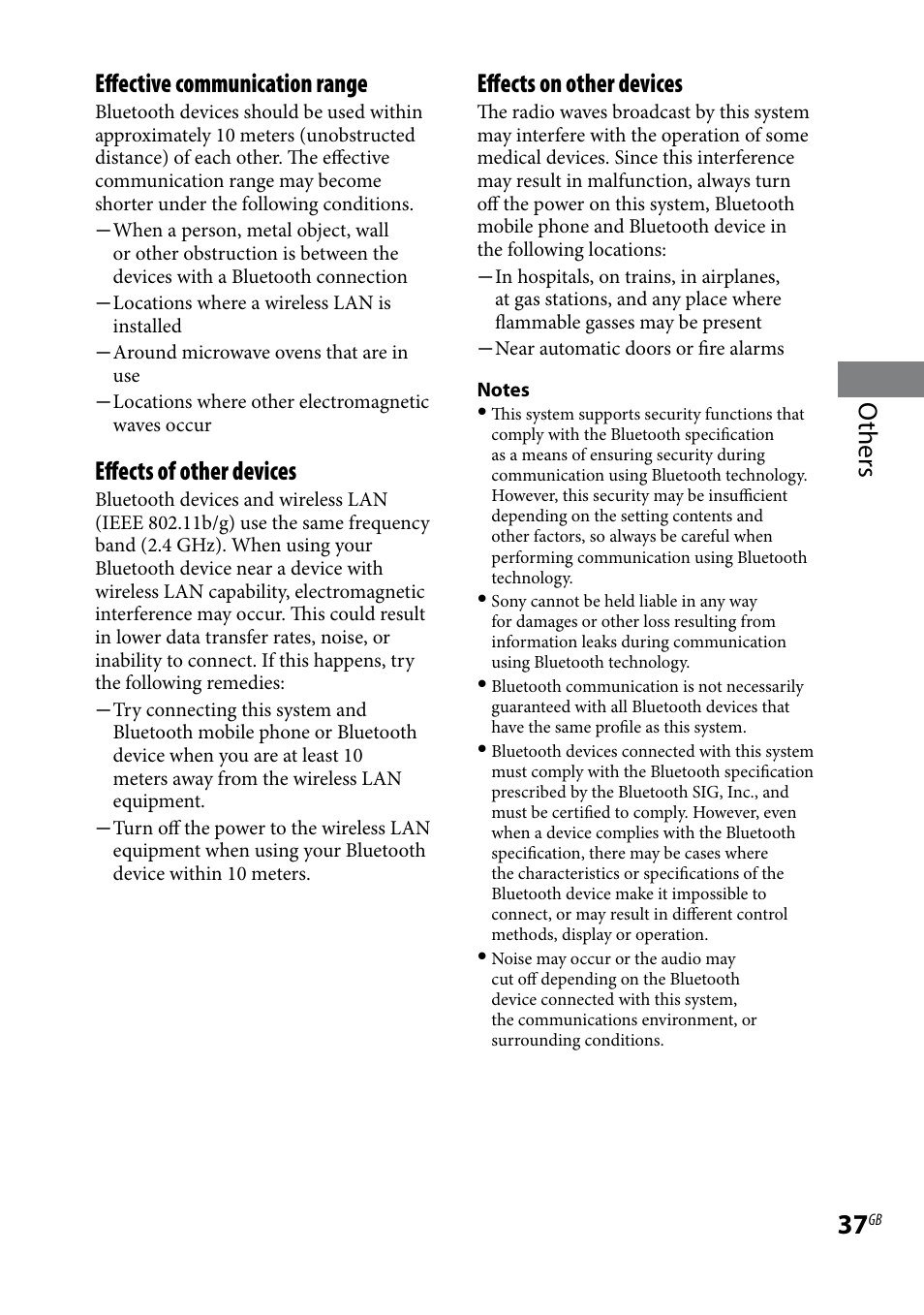 Others effective communication range, Effects of other devices, Effects on other devices | Sony CMT-HX5BT User Manual | Page 37 / 40