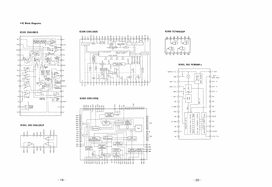 1c block diagrams, Icioi cxa1081s, Ic204 cxa1182s | Ic355 tc74hc02p, Ic201, 202 cxa1291p, Ic302 cxd1165q, Ic401, 501 pcm58p-j | Sony cdp 338esd User Manual | Page 10 / 20