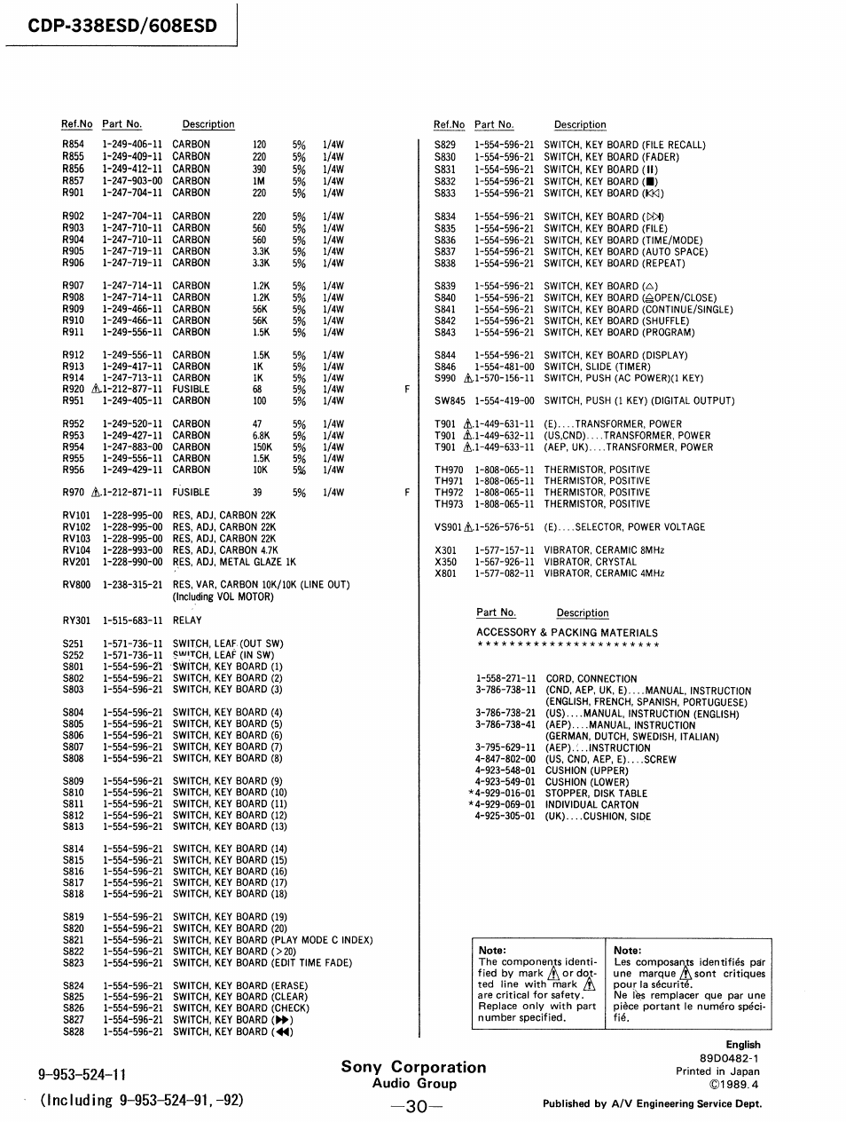 953-524-11 (including 9-953-524-91, Sony corporation, Audio group | Sony cdp 338esd User Manual | Page 20 / 20