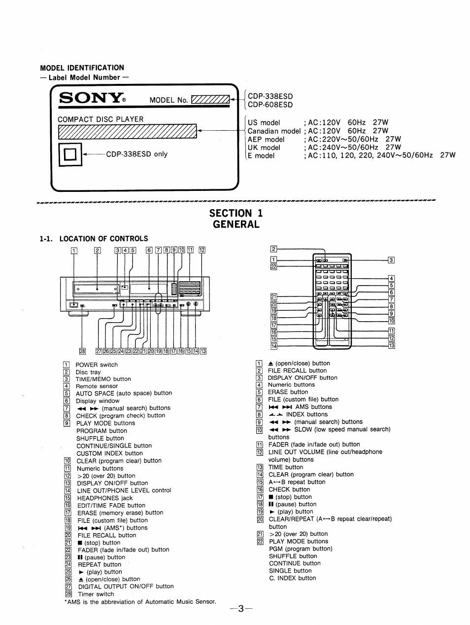 Model identification — label model number, Section 1 general, 1. location of controls | Sony | Sony cdp 338esd User Manual | Page 3 / 20