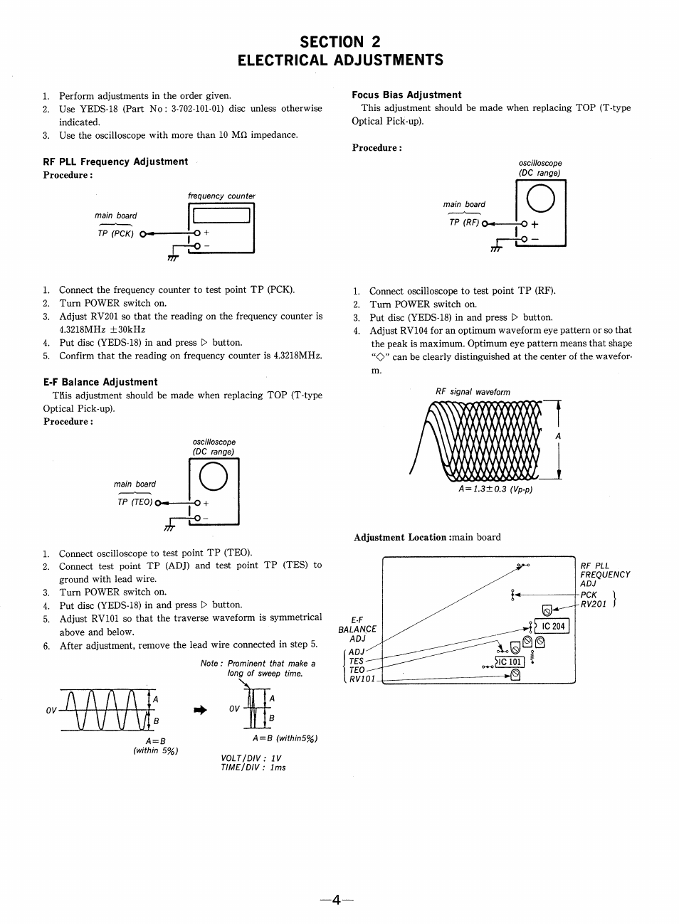 Section 2, Electrical adjustments, A = 1.3±0.3 (vp-p) | Sony cdp 338esd User Manual | Page 4 / 20