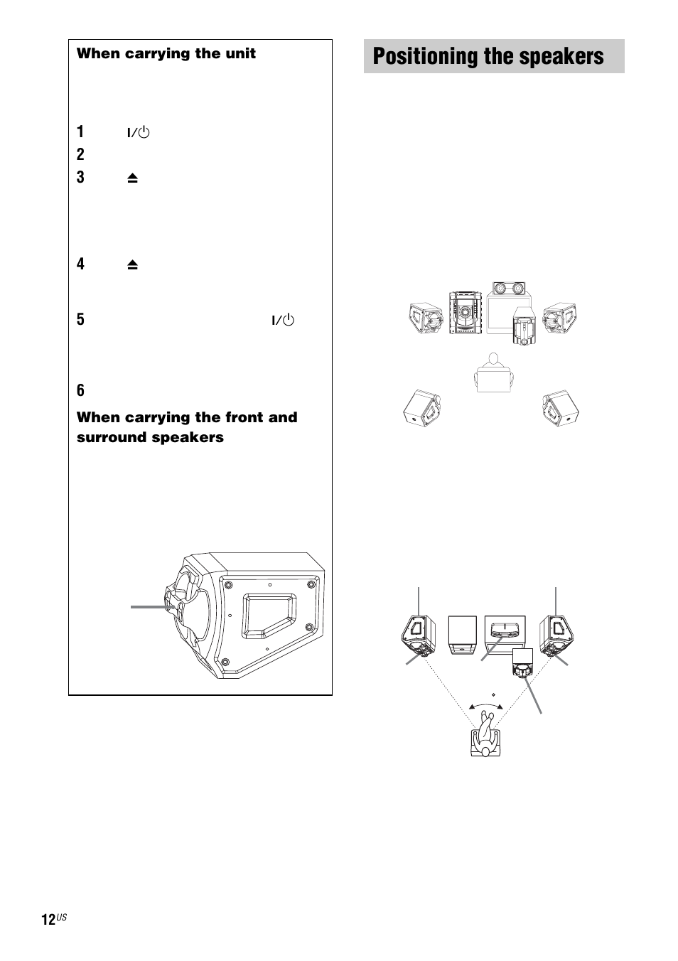 Positioning the speakers | Sony FST-ZX100D User Manual | Page 12 / 96