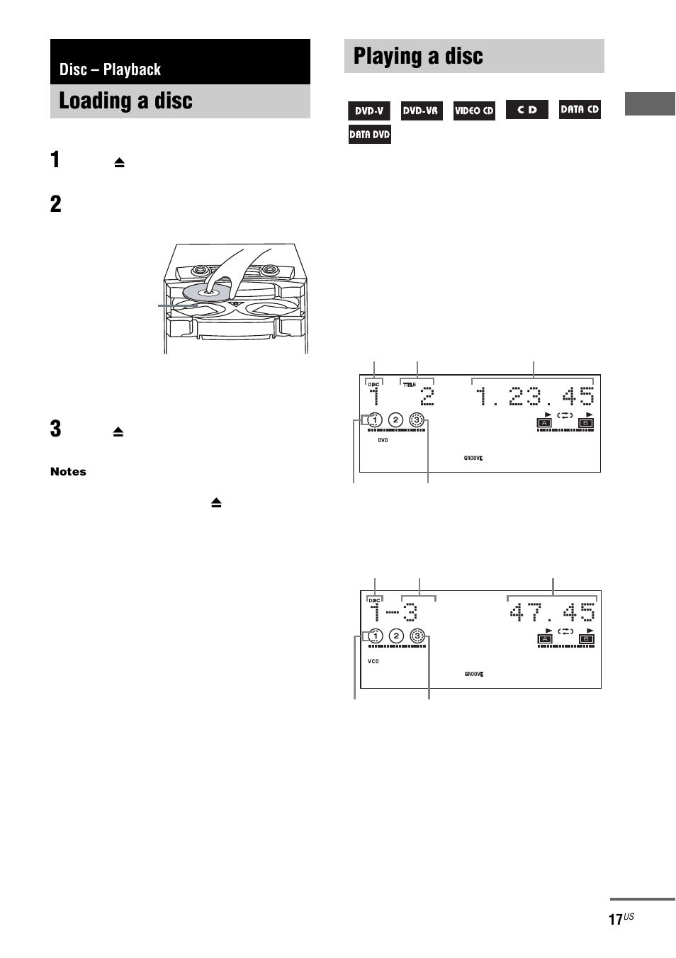 Disc – playback, Loading a disc, Playing a disc | Normal play, Loading a disc playing a disc | Sony FST-ZX100D User Manual | Page 17 / 96