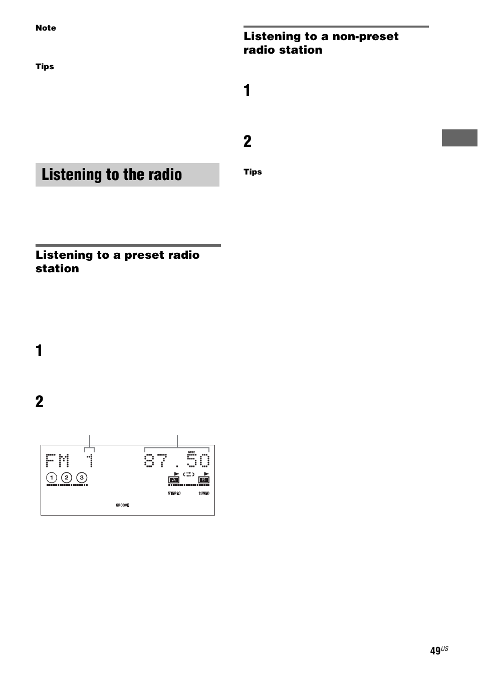 Listening to the radio | Sony FST-ZX100D User Manual | Page 49 / 96
