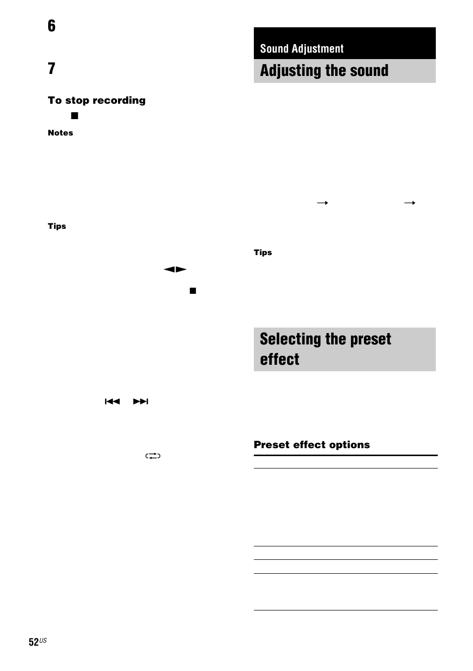 Sound adjustment, Adjusting the sound, Selecting the preset effect | Adjusting the sound selecting the preset effect | Sony FST-ZX100D User Manual | Page 52 / 96