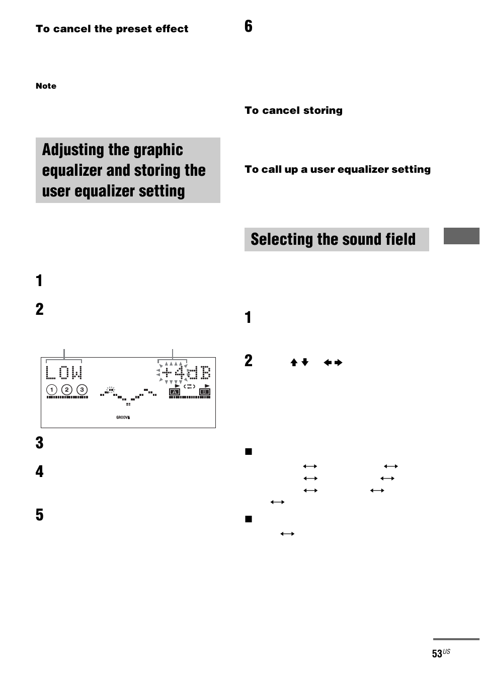 Selecting the sound field, Adjusting the graphic equalizer and, Storing the user equalizer setting | Sony FST-ZX100D User Manual | Page 53 / 96