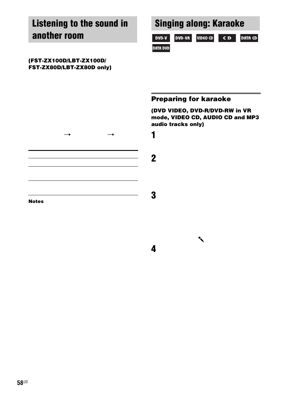 Listening to the sound in another room, Multi room, Fst-zx100d/lbt-zx100d/ fst-zx80d/lbt-zx80d only) | Singing along: karaoke, Listening to the sound in another | Sony FST-ZX100D User Manual | Page 58 / 96