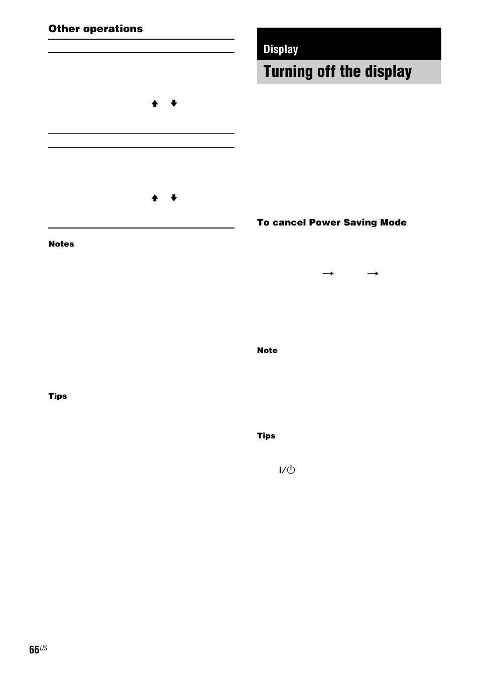 Display, Turning off the display, Power saving mode | Sony FST-ZX100D User Manual | Page 66 / 96