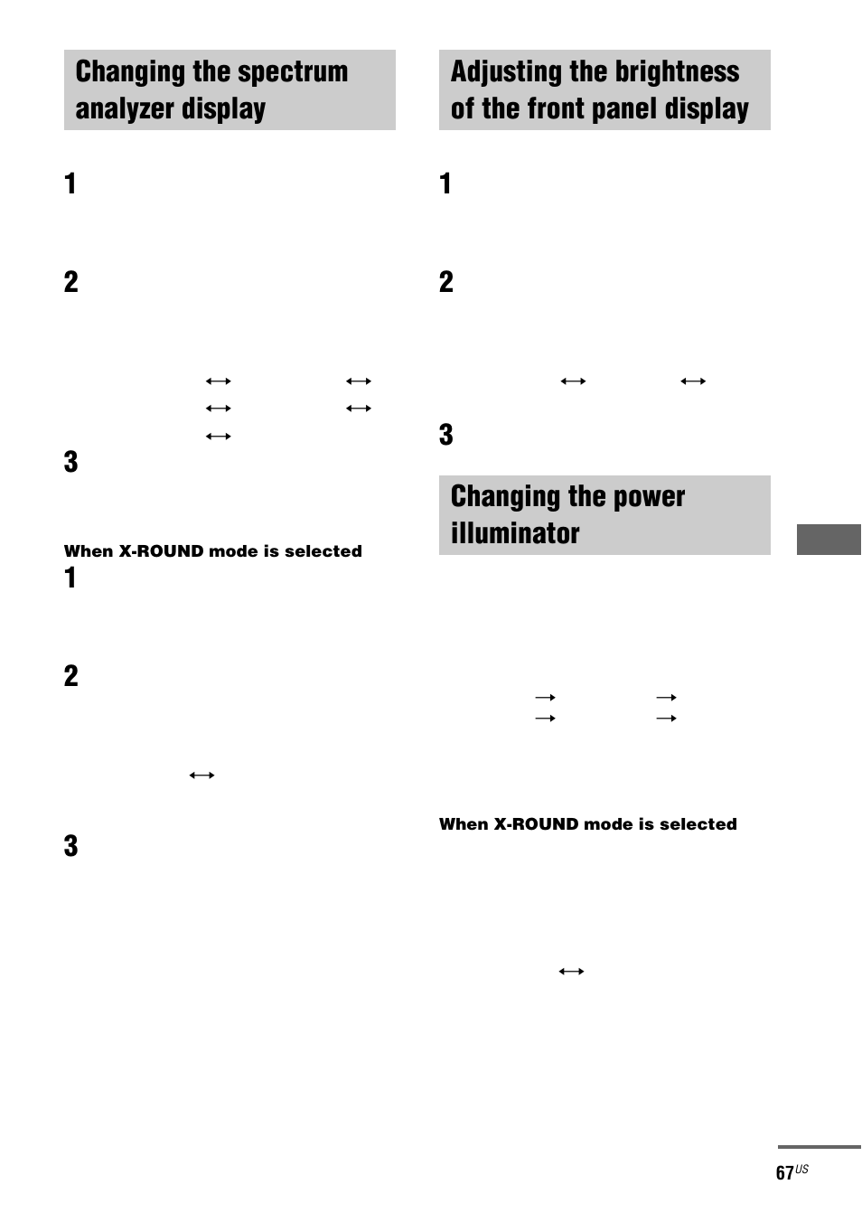 Changing the spectrum analyzer display, Changing the power illuminator, Changing the spectrum analyzer | Display, Adjusting the brightness of the front, Panel display | Sony FST-ZX100D User Manual | Page 67 / 96