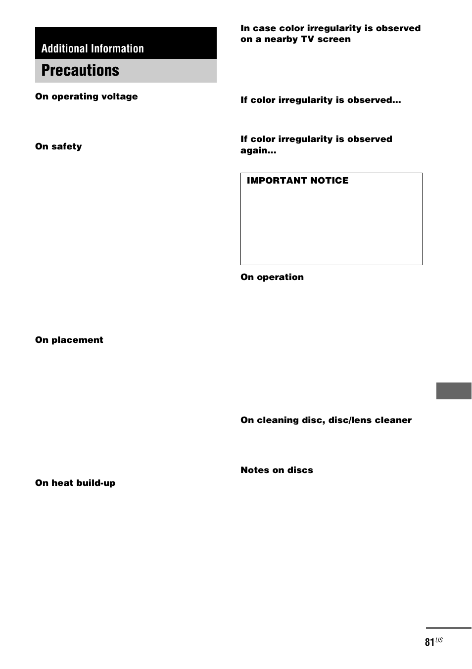 Additional information, Precautions | Sony FST-ZX100D User Manual | Page 81 / 96