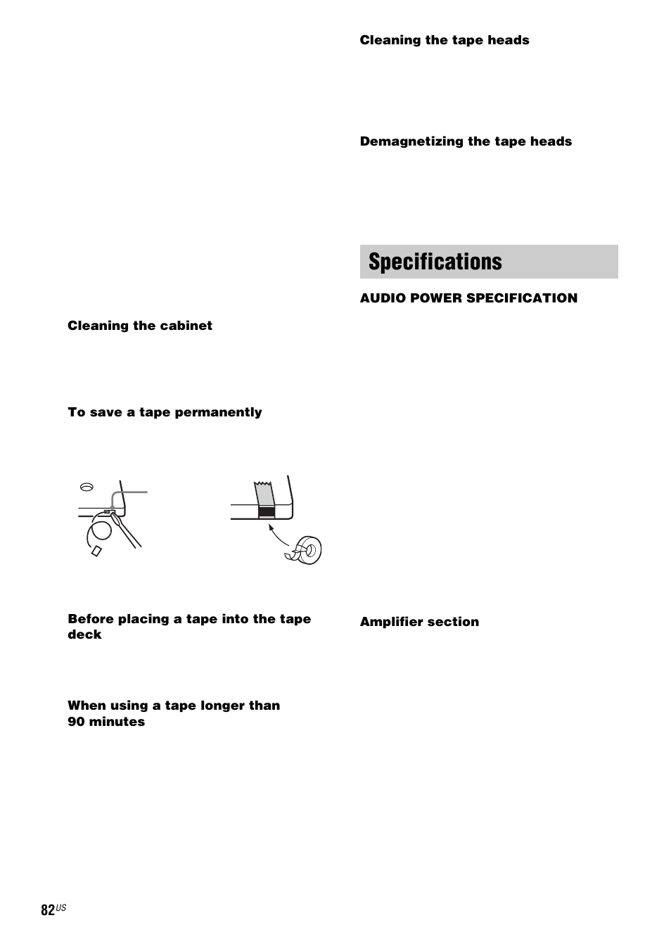 Specifications, Y (see “cleaning the tape, Y (see | Sony FST-ZX100D User Manual | Page 82 / 96