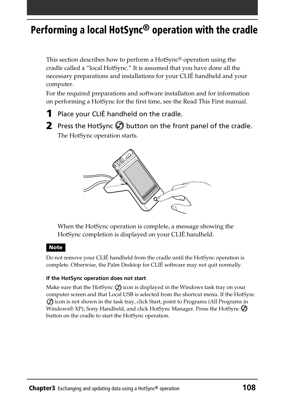 Performing a local hotsync, Operation, With the cradle | Operation with the cradle | Sony CLIE PEG-NR70V/U User Manual | Page 108 / 224