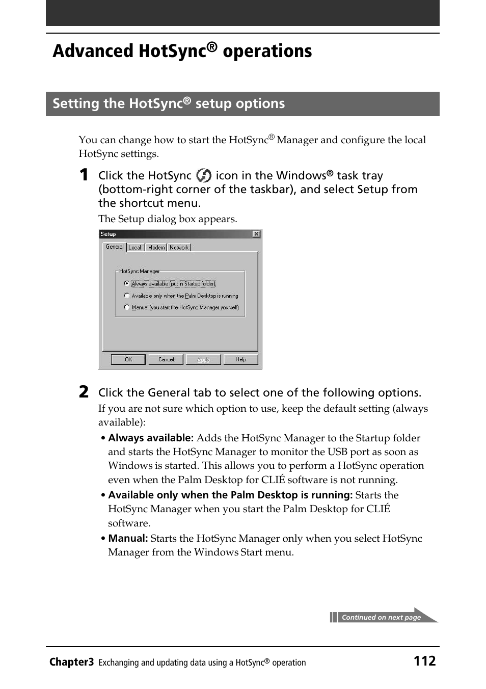 Advanced hotsync® operations, Setting the hotsync® setup options, Advanced hotsync | Operations, Setting the hotsync, Setup options | Sony CLIE PEG-NR70V/U User Manual | Page 112 / 224