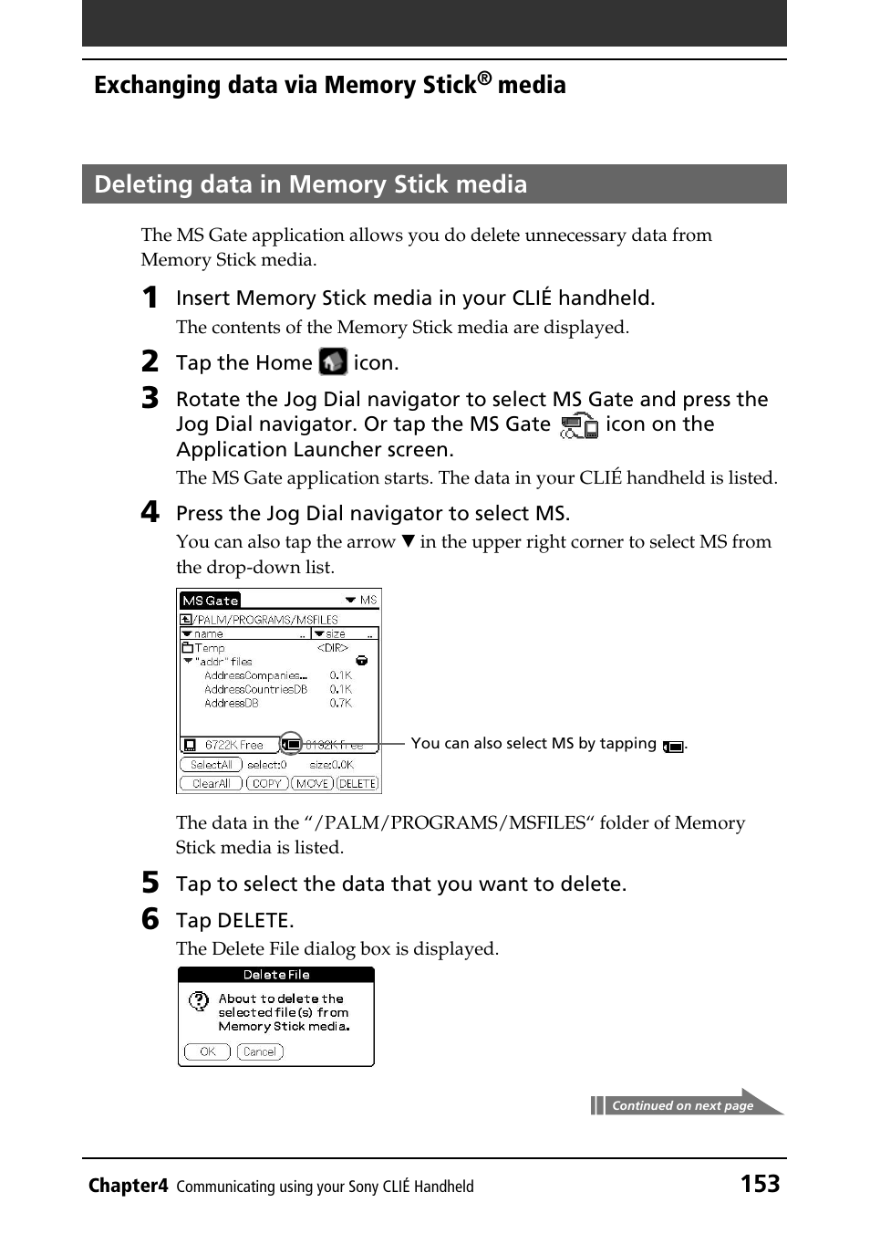 Deleting data in memory stick media | Sony CLIE PEG-NR70V/U User Manual | Page 153 / 224