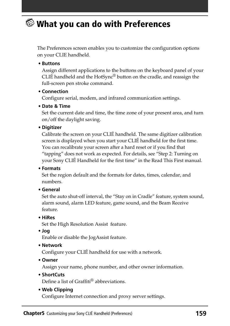 What you can do with preferences, What you can do with, Preferences | Sony CLIE PEG-NR70V/U User Manual | Page 159 / 224