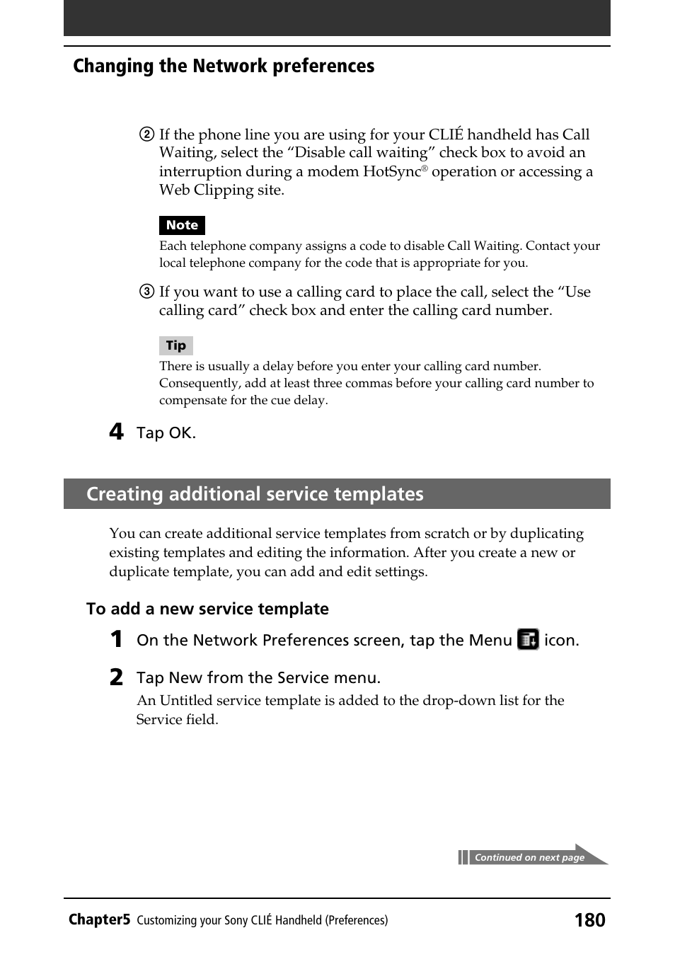 Creating additional service templates, Creating additional service templates . 180, Changing the network preferences | Sony CLIE PEG-NR70V/U User Manual | Page 180 / 224