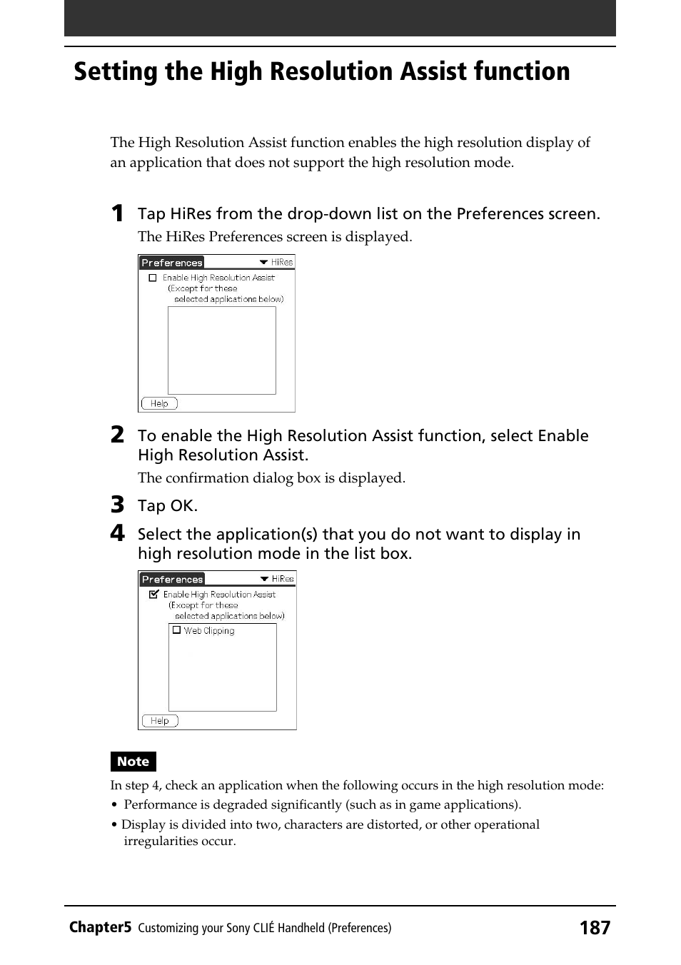 Setting the high resolution assist function | Sony CLIE PEG-NR70V/U User Manual | Page 187 / 224