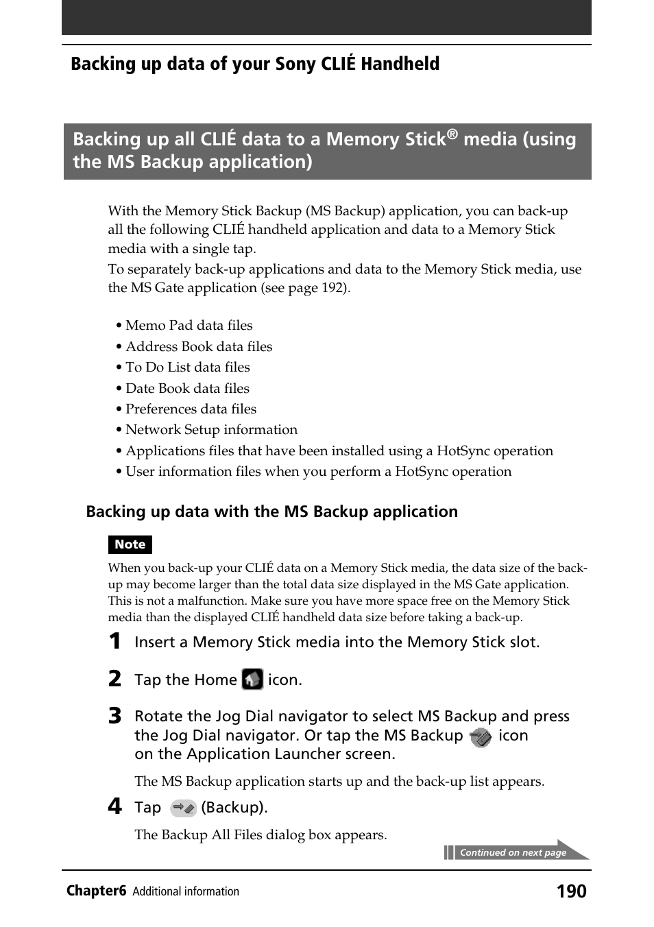 Backing up all clié data to a memory stick, Media (using, The ms backup application) | Media (using the ms backup application), Backing up data of your sony clié handheld | Sony CLIE PEG-NR70V/U User Manual | Page 190 / 224