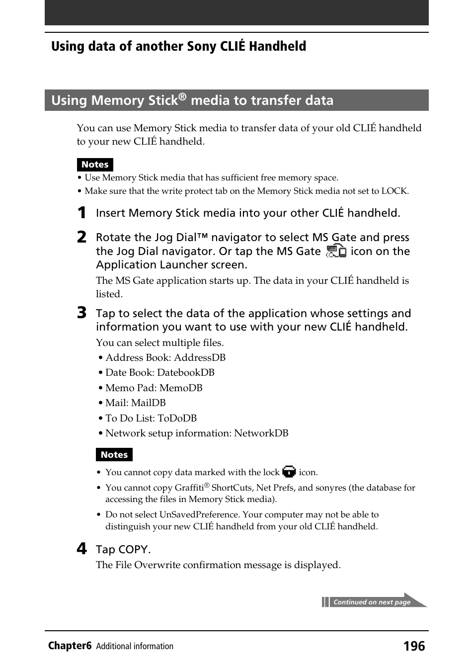 Using memory stick® media to transfer data, Using memory stick, Media to | Transfer data, Media to transfer data, Using data of another sony clié handheld | Sony CLIE PEG-NR70V/U User Manual | Page 196 / 224