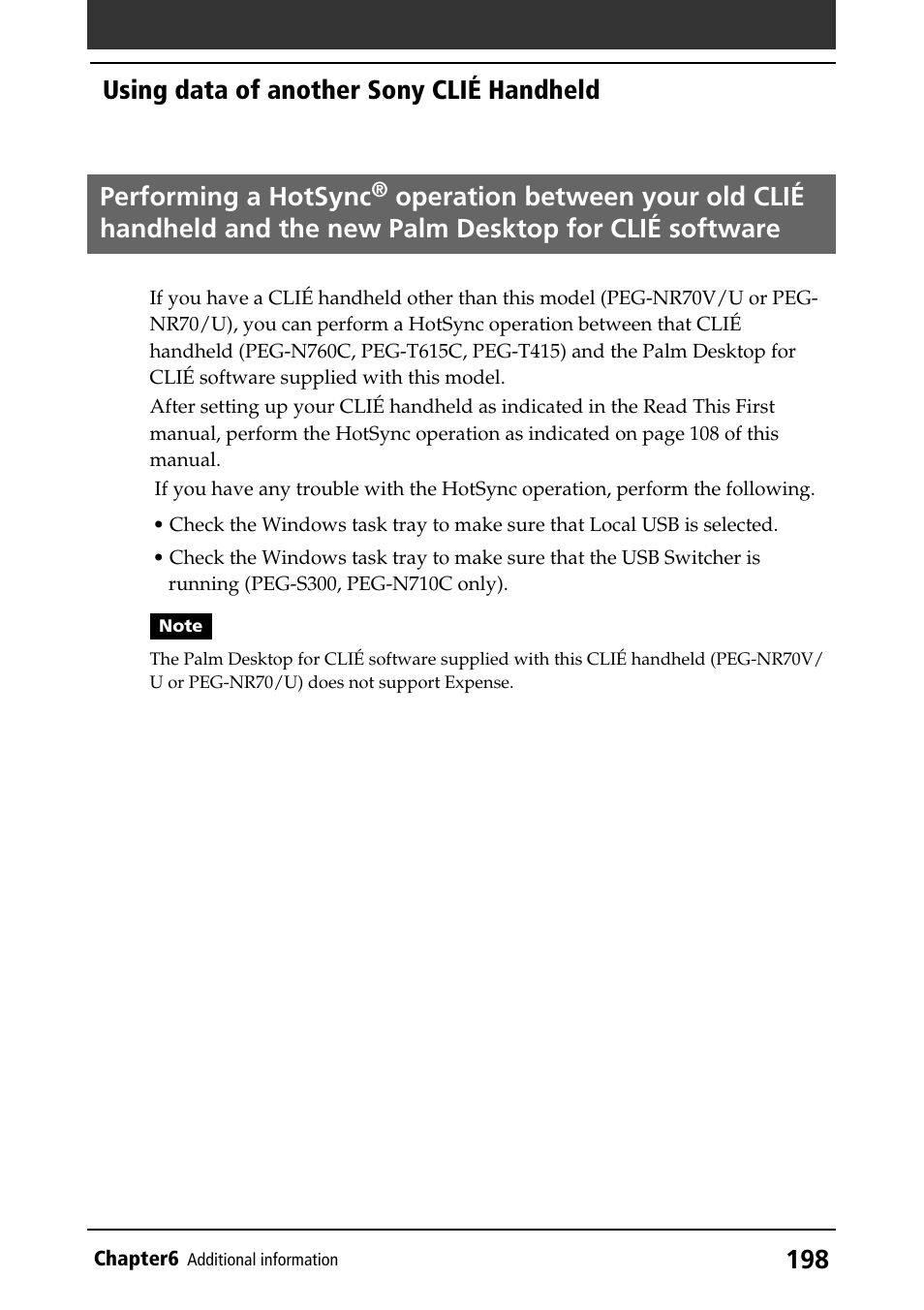 Performing a hotsync, Operation, Using data of another sony clié handheld | Sony CLIE PEG-NR70V/U User Manual | Page 198 / 224