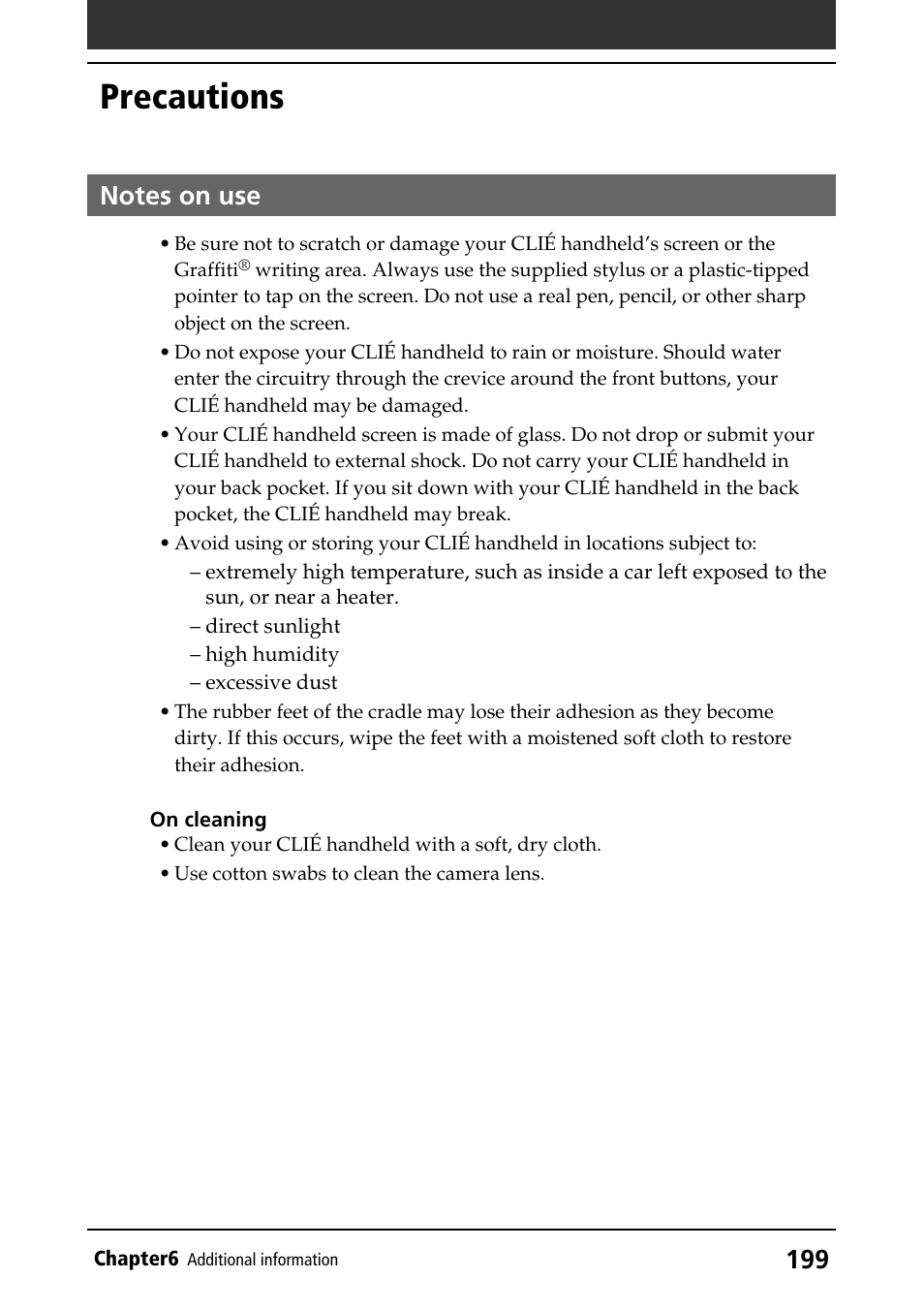 Precautions, Notes on use | Sony CLIE PEG-NR70V/U User Manual | Page 199 / 224