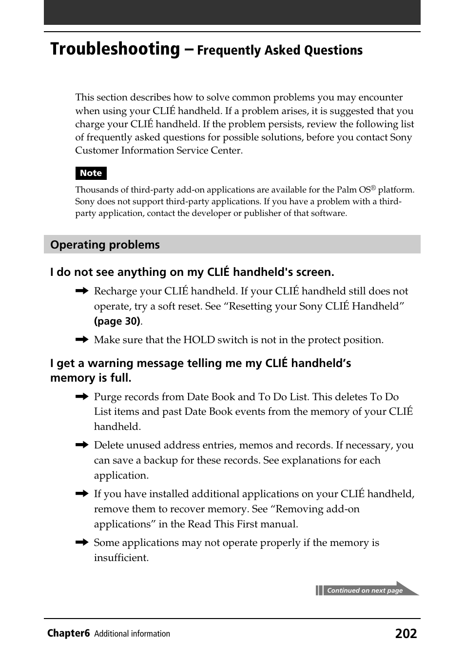 Troubleshooting – frequently asked questions, Troubleshooting, Frequently asked questions | Sony CLIE PEG-NR70V/U User Manual | Page 202 / 224