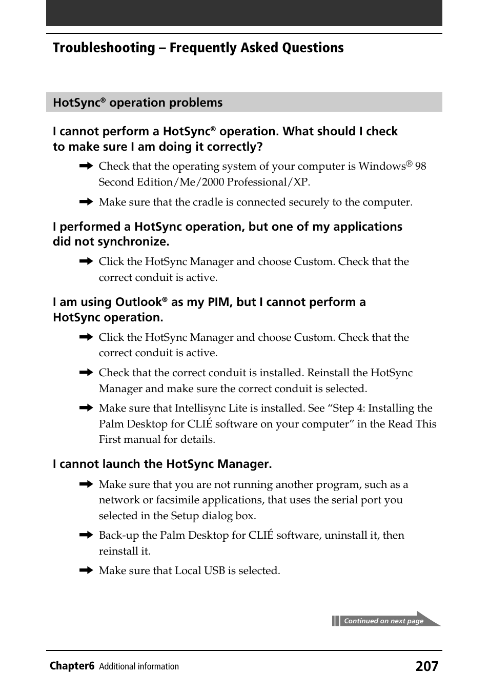 Troubleshooting – frequently asked questions | Sony CLIE PEG-NR70V/U User Manual | Page 207 / 224