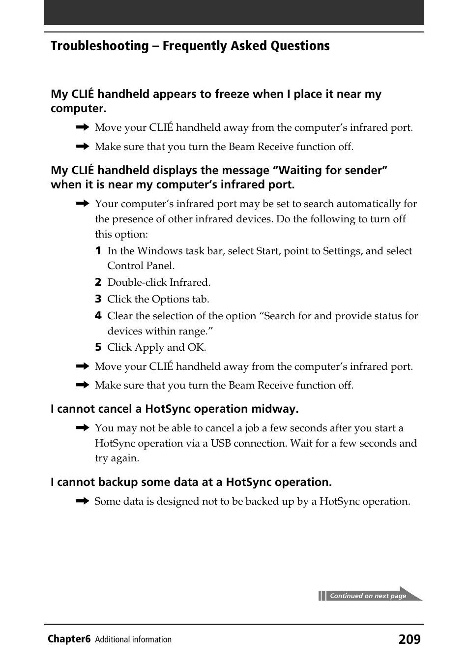 Troubleshooting – frequently asked questions | Sony CLIE PEG-NR70V/U User Manual | Page 209 / 224