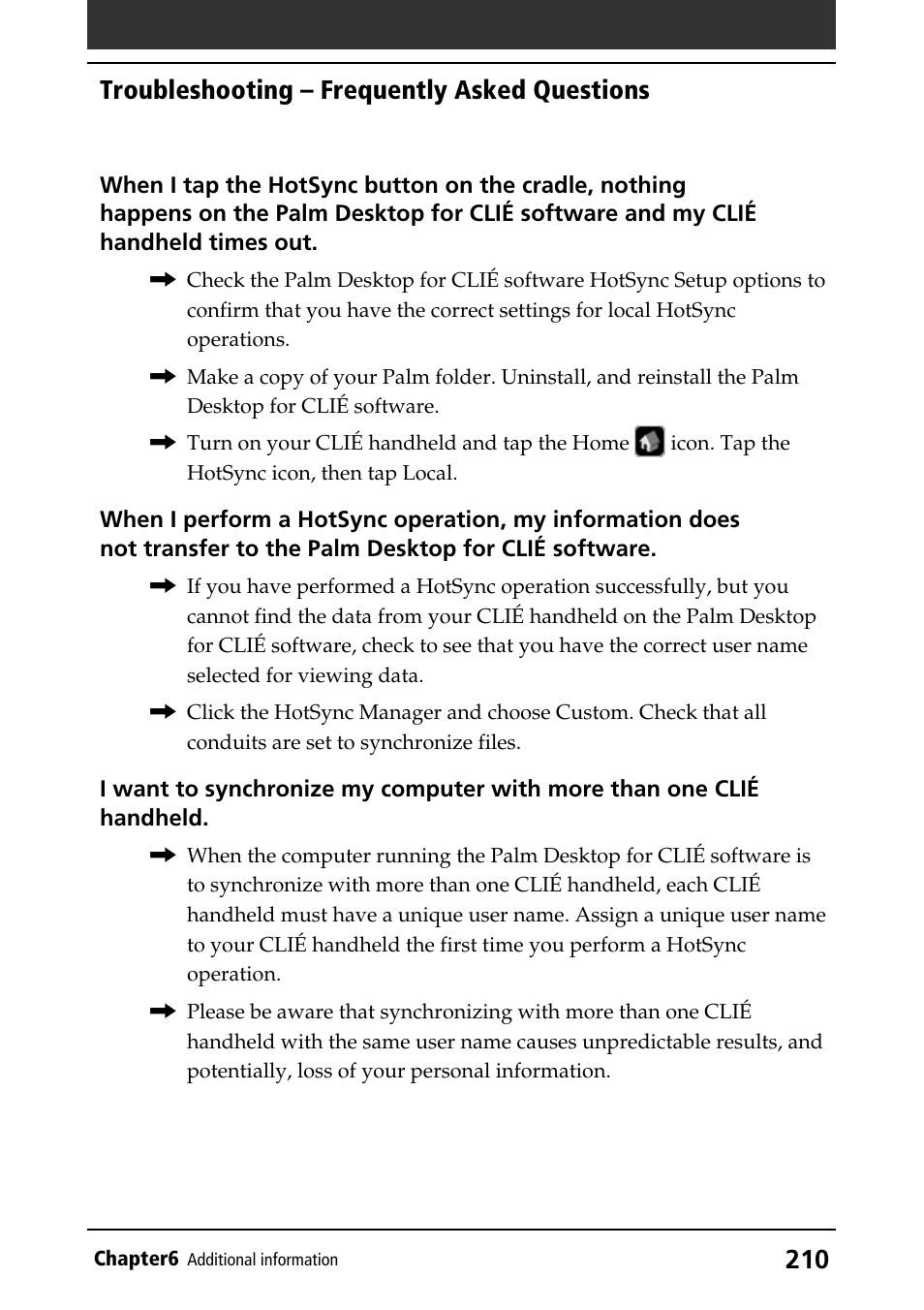 Troubleshooting – frequently asked questions | Sony CLIE PEG-NR70V/U User Manual | Page 210 / 224