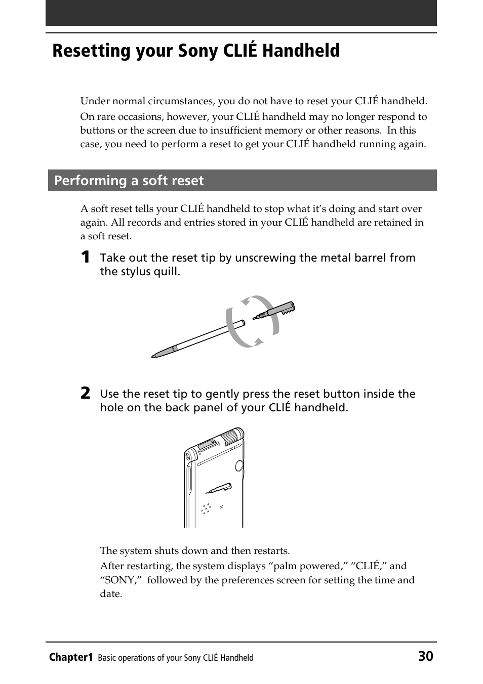 Resetting your sony clié handheld, Performing a soft reset | Sony CLIE PEG-NR70V/U User Manual | Page 30 / 224