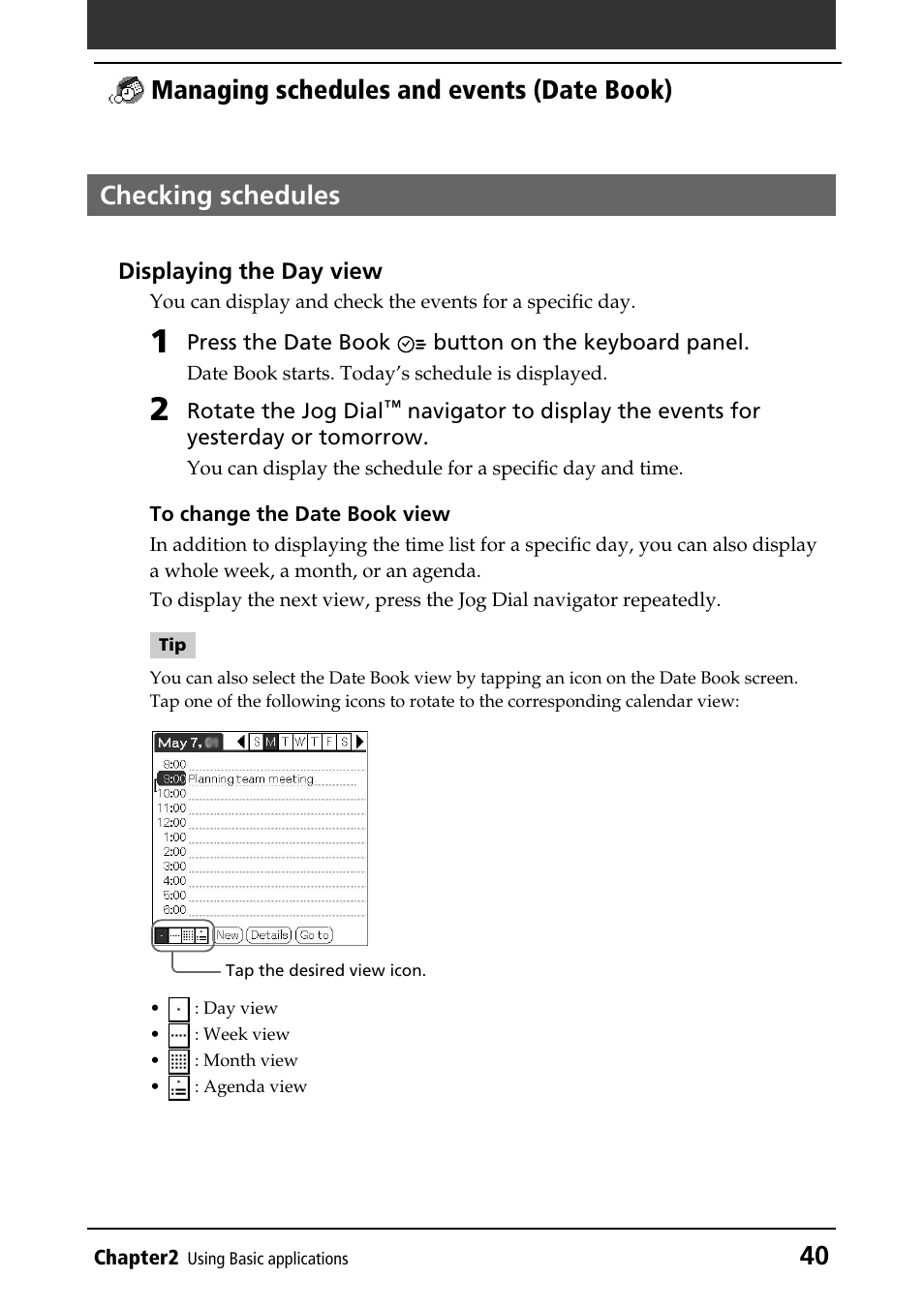 Checking schedules | Sony CLIE PEG-NR70V/U User Manual | Page 40 / 224
