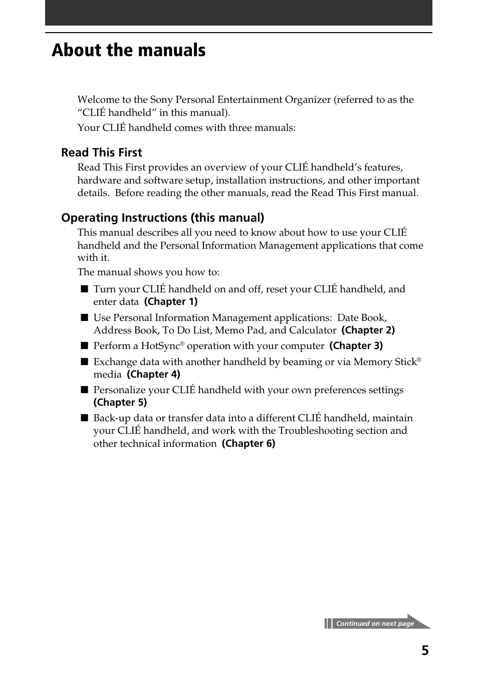 About the manuals | Sony CLIE PEG-NR70V/U User Manual | Page 5 / 224