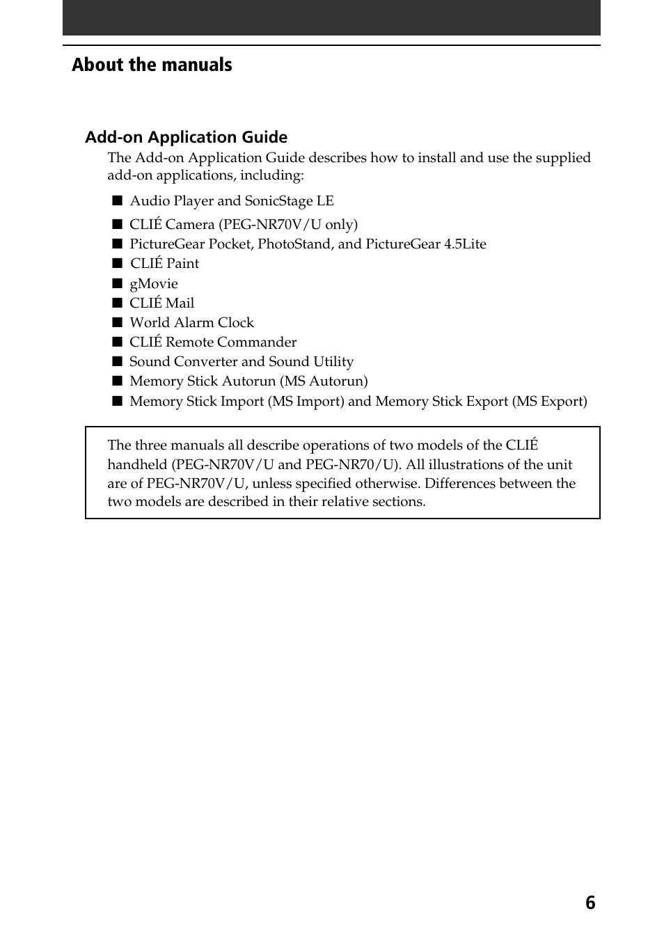 About the manuals | Sony CLIE PEG-NR70V/U User Manual | Page 6 / 224