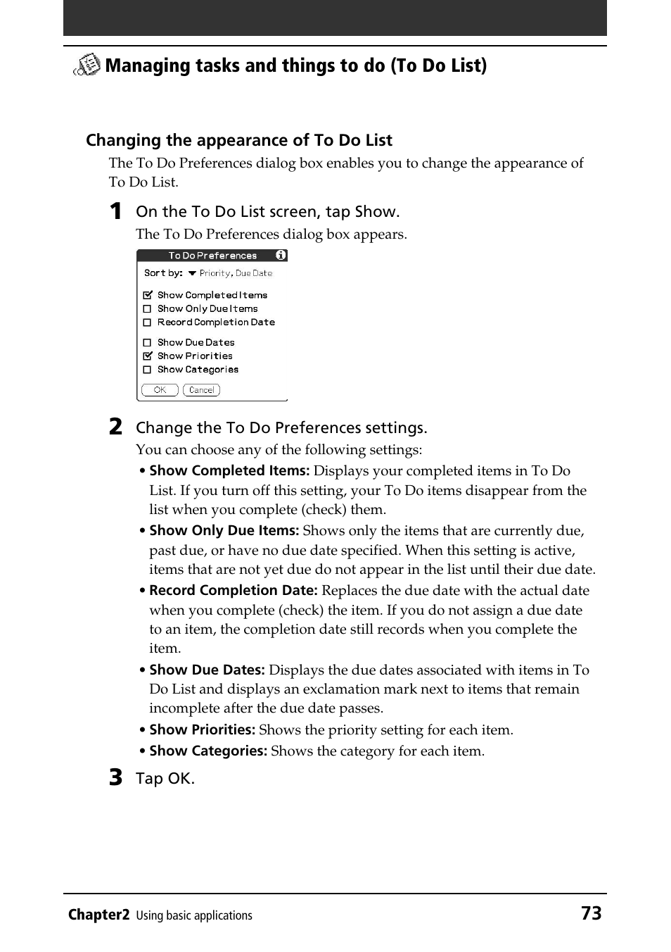 73 managing tasks and things to do (to do list) | Sony CLIE PEG-NR70V/U User Manual | Page 73 / 224