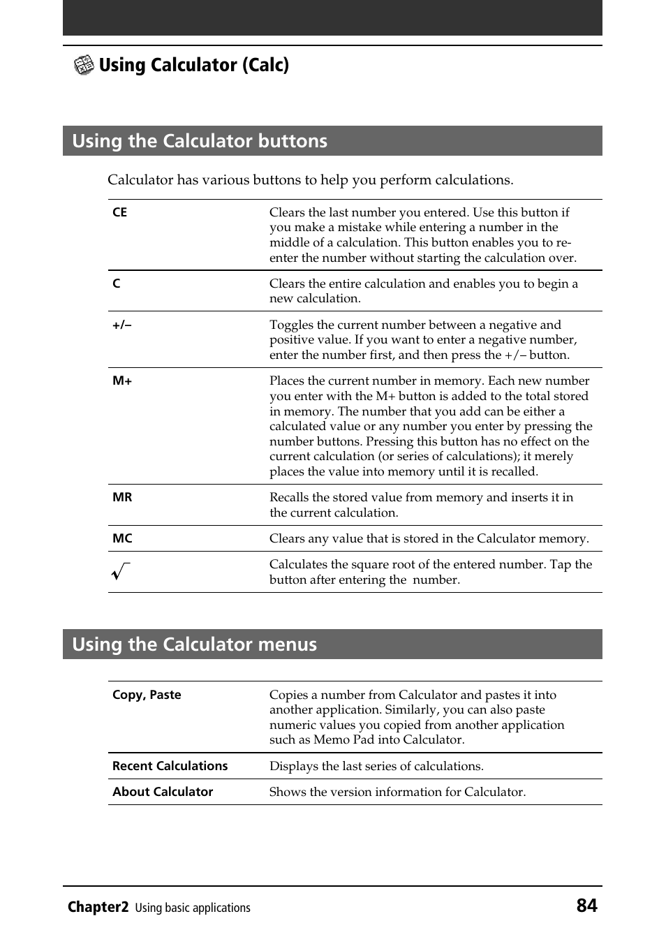 Using the calculator buttons, Using the calculator menus | Sony CLIE PEG-NR70V/U User Manual | Page 84 / 224