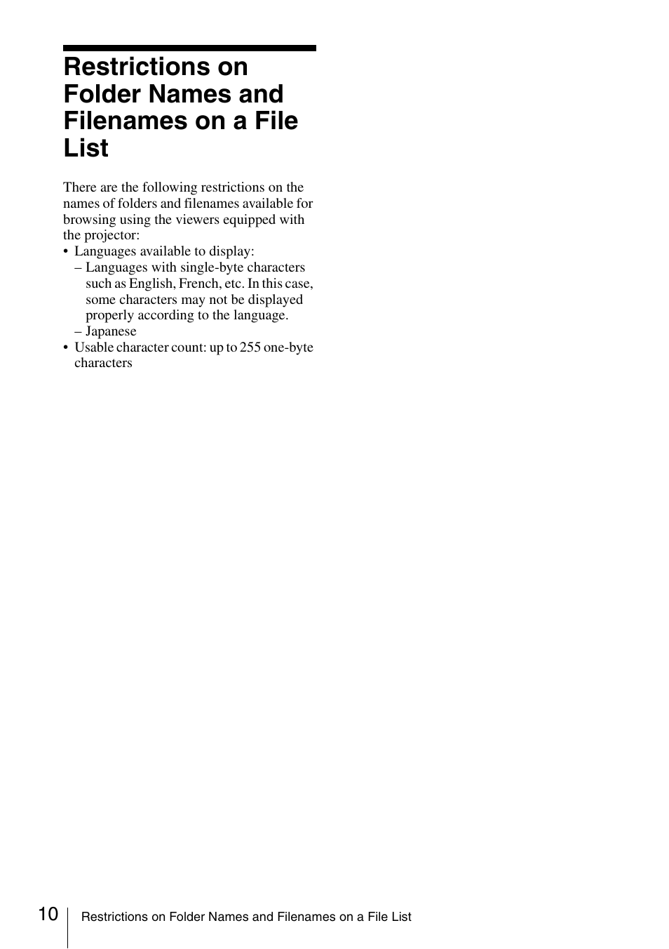 Restrictions on folder names and, Filenames on a file list | Sony 4-125-572-12 (1) User Manual | Page 10 / 47