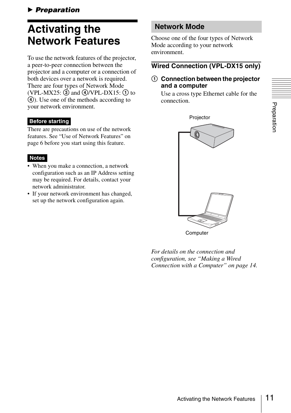 Preparation, Activating the network features, Network mode | Sony 4-125-572-12 (1) User Manual | Page 11 / 47