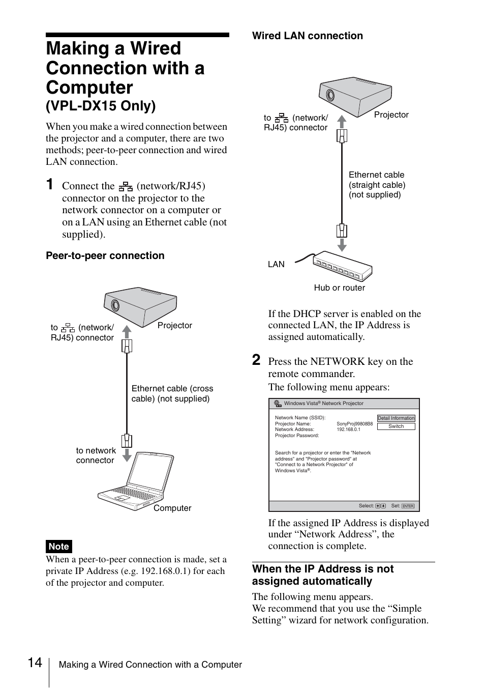 Making a wired connection with a computer, Making a wired connection with a, Computer | Vpl-dx15 only), Press the network key on the remote commander, When the ip address is not assigned automatically | Sony 4-125-572-12 (1) User Manual | Page 14 / 47