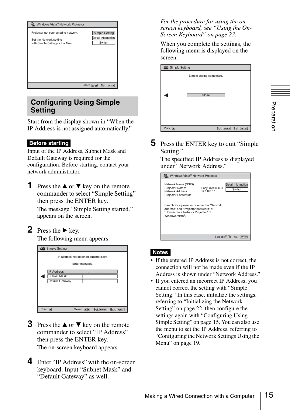 Configuring using simple setting, Configuring using simple, Setting | Press the b key, Press the enter key to quit “simple setting, The following menu appears, The on-screen keyboard appears, Pre par a tio n | Sony 4-125-572-12 (1) User Manual | Page 15 / 47