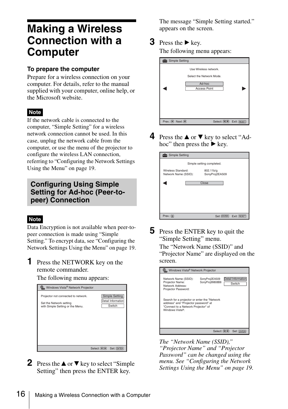 Making a wireless connection with a computer, Making a wireless connection with a, Computer | Configuring using simple setting, For ad-hoc (peer-to-peer) connection, Press the network key on the remote commander, Press the b key, The following menu appears | Sony 4-125-572-12 (1) User Manual | Page 16 / 47