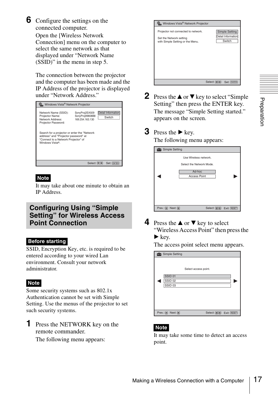 Configuring using “simple setting, For wireless access point connection, Configure the settings on the connected computer | Press the network key on the remote commander, Press the b key, The following menu appears, The access point select menu appears, Pre par a tio n, It may take some time to detect an access point | Sony 4-125-572-12 (1) User Manual | Page 17 / 47