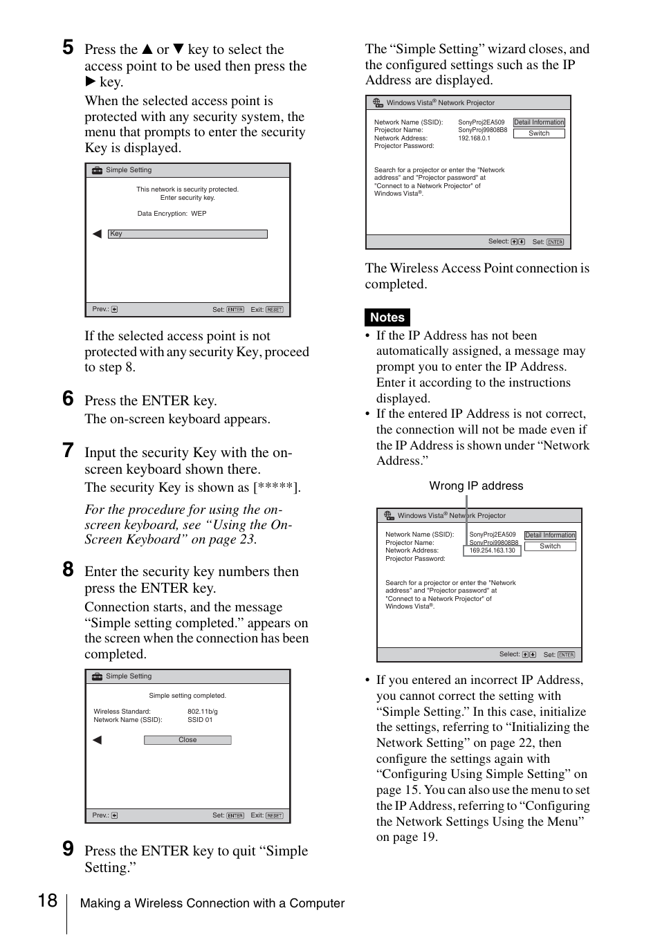 Press the enter key, Press the enter key to quit “simple setting, The on-screen keyboard appears | Sony 4-125-572-12 (1) User Manual | Page 18 / 47