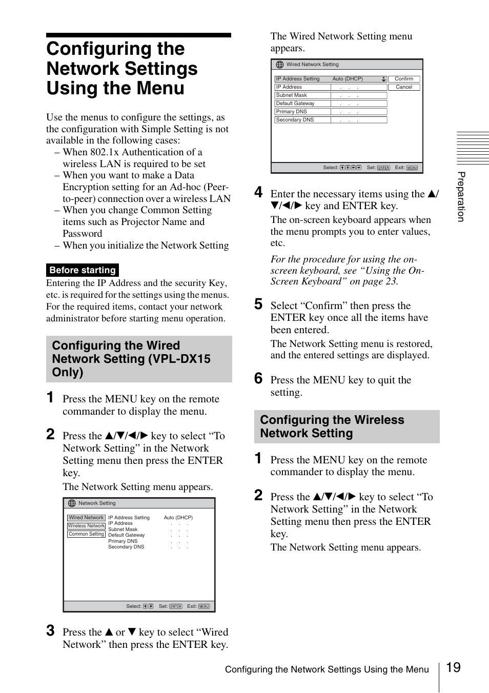 Configuring the network settings using the menu, Configuring the wireless network setting, Configuring the network settings | Using the menu, Configuring the wired network, Setting (vpl-dx15 only), Configuring the wireless network, Setting | Sony 4-125-572-12 (1) User Manual | Page 19 / 47