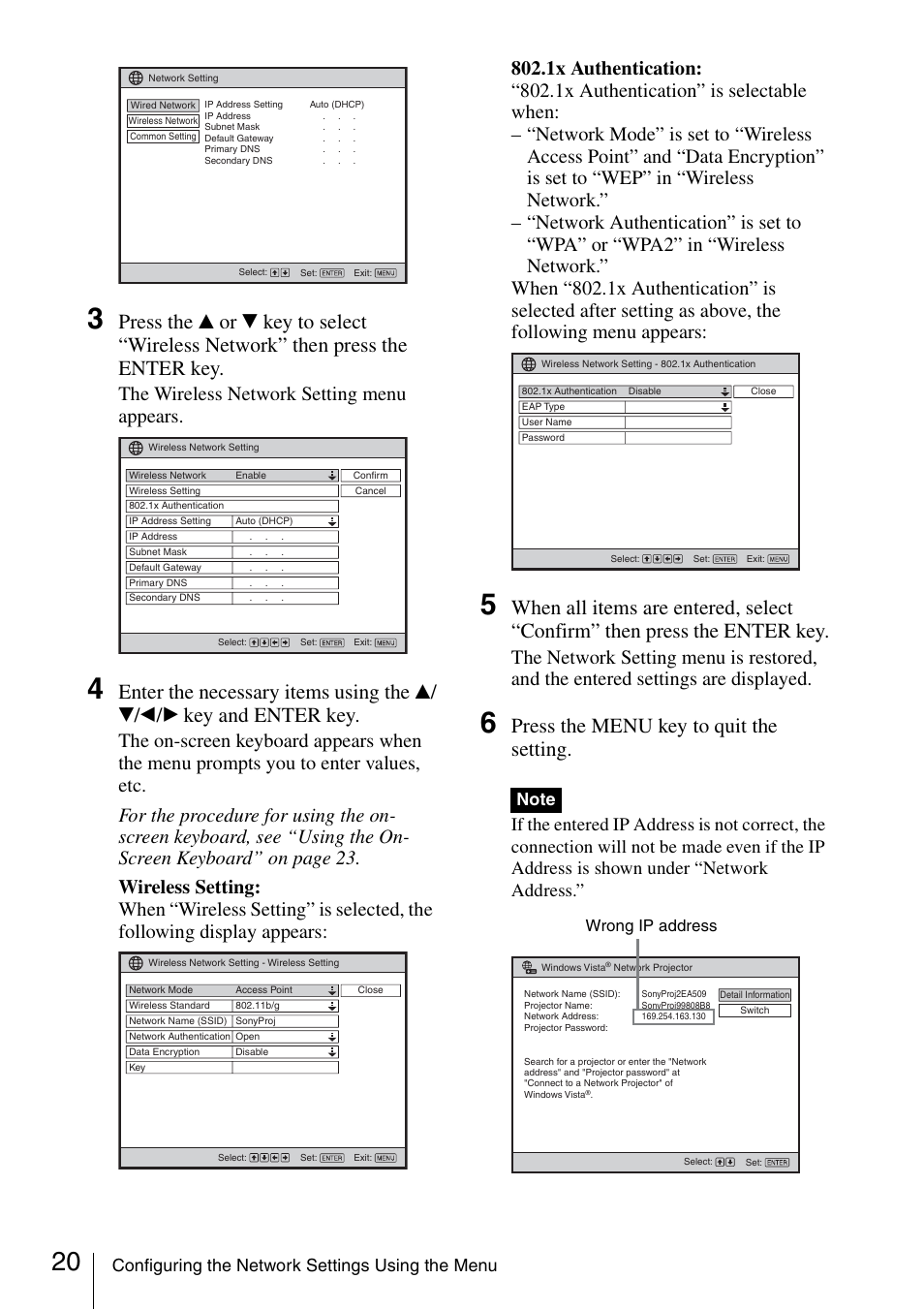 Press the menu key to quit the setting, The wireless network setting menu appears, Configuring the network settings using the menu | Sony 4-125-572-12 (1) User Manual | Page 20 / 47