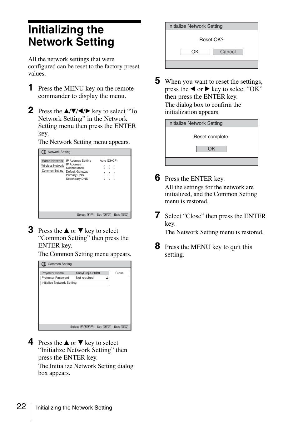 Initializing the network setting | Sony 4-125-572-12 (1) User Manual | Page 22 / 47