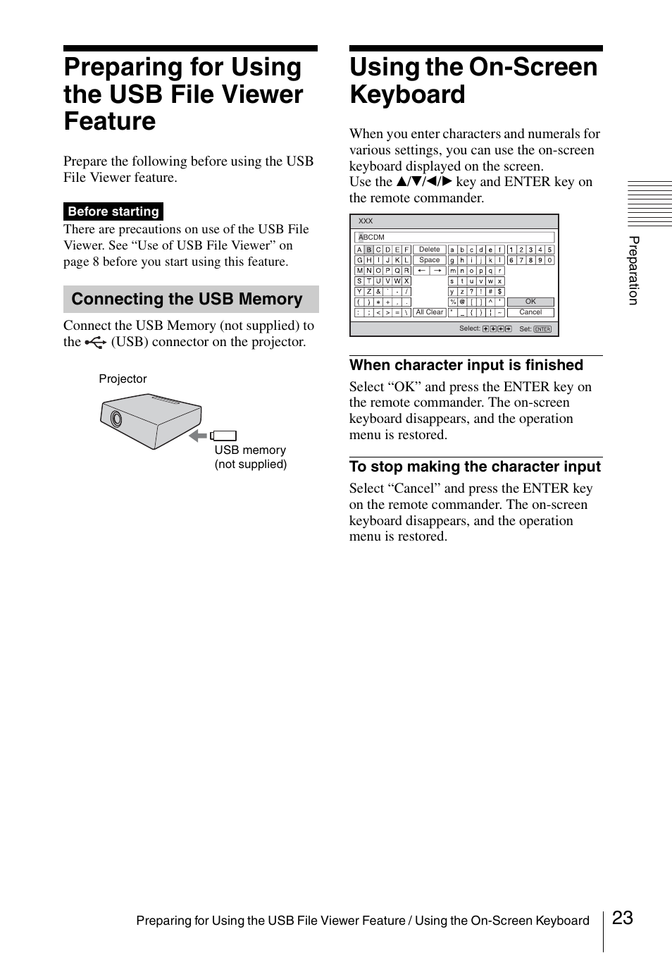 Preparing for using the usb file viewer feature, Connecting the usb memory, Using the on-screen keyboard | Preparing for using the usb file, Viewer feature | Sony 4-125-572-12 (1) User Manual | Page 23 / 47