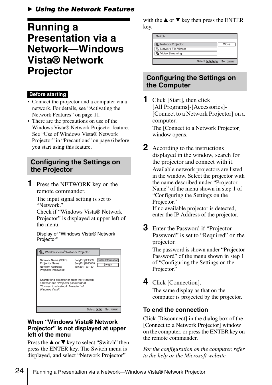 Using the network features, Configuring the settings on the projector, Configuring the settings on the computer | Running a presentation via a, Network—windows vista® network projector, Configuring the settings on the, Projector, Computer, B using the network features, Press the network key on the remote commander | Sony 4-125-572-12 (1) User Manual | Page 24 / 47