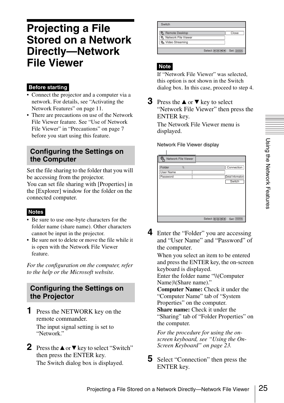 Configuring the settings on the computer, Configuring the settings on the projector, Projecting a file stored on a network | Directly—network file viewer, Configuring the settings on the, Computer, Projector | Sony 4-125-572-12 (1) User Manual | Page 25 / 47